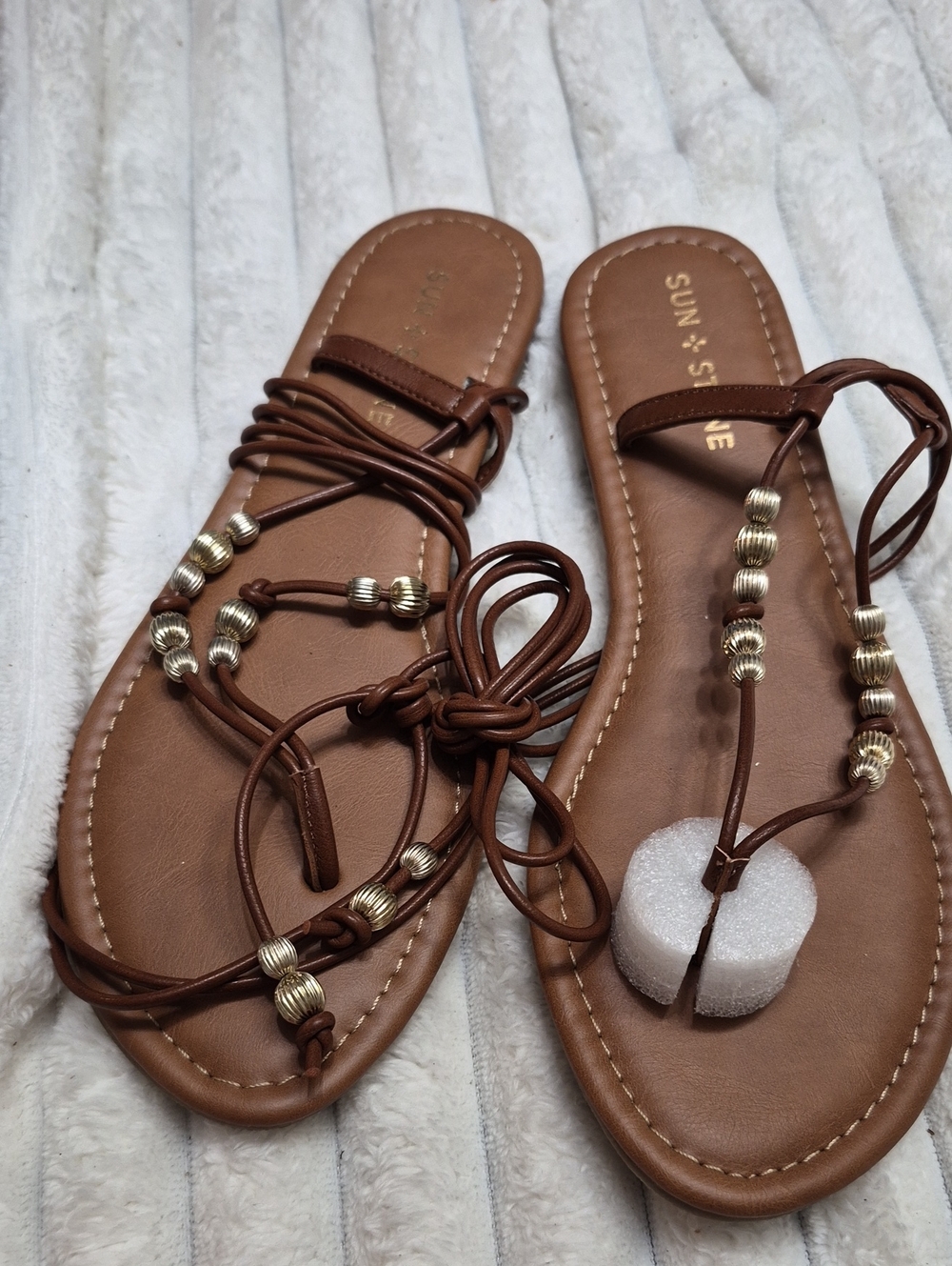 Sun + Stone Brown Gladiator Lace-Up Sandals with Gold Beads Women's Sz 9.5 M New